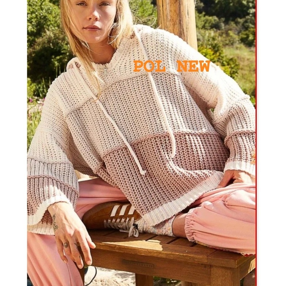 POL Chenille Hoodie Women M Brown Striped Oversized Boho Pullover UST96
